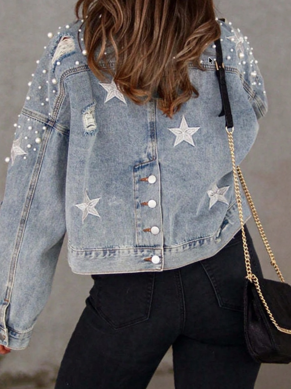 Western Star Embroidered Beaded button Down loose Fit denim jacket